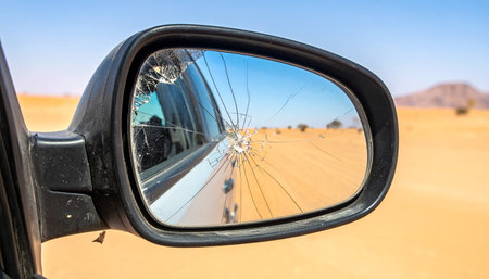 A cracked side mirror reflects a vast desert landscape, symbolizing a difficult journey or a fractured look at the past.の素材
