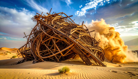 In the vast, sun-scorched desert, a chaotic wooden structure stands as a silent witness to a powerful explosion of sand and dust.の素材