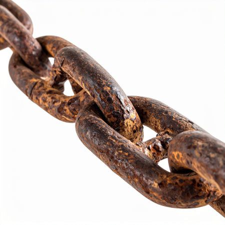 A close-up shot of a heavy, weathered chain, its links covered in a deep, textured rust. Isolated on a white background, the image highlights the concepts of strength, decay, and the passage of time.の素材