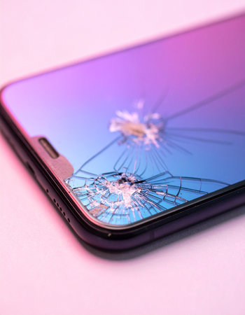 A close-up view captures the spiderweb of cracks across a modern smartphone screen.の素材