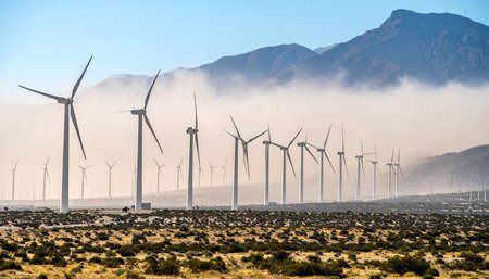 A vast wind farm stretches across the desert floor, its turbines spinning to generate clean energy.の素材