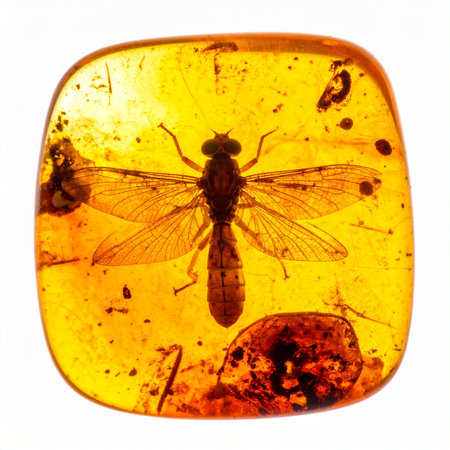 A moment frozen for millions of years. This perfectly preserved fly, trapped in ancient amber, offers a stunning glimpse into a prehistoric world.の素材