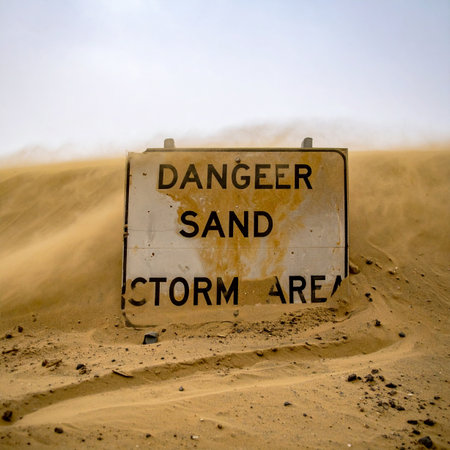 A weathered warning sign, partially consumed by shifting sands, stands as a stark reminder of nature's power.の素材