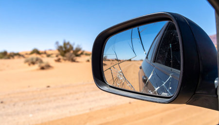 A cracked car side-view mirror shows a fractured reflection of a desert landscape, symbolizing a difficult journey or looking back on a broken past.の素材