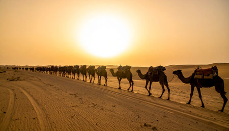 A long caravan of camels traverses the vast, sandy desert under the warm glow of a setting sun.の素材
