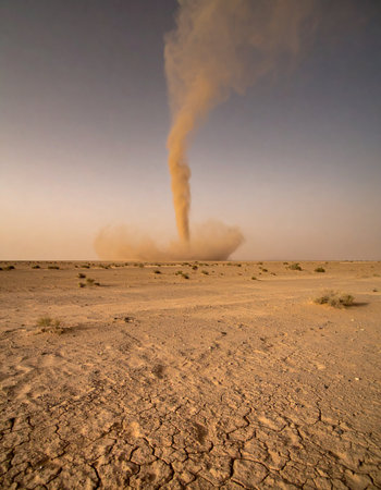 A powerful whirlwind of sand and dust, known as a dust devil, spirals high into the hazy sky over a sun-scorched, cracked desert floor.の素材