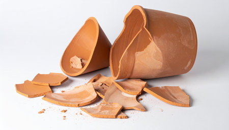A terracotta pot lies shattered in pieces against a clean white background.の素材