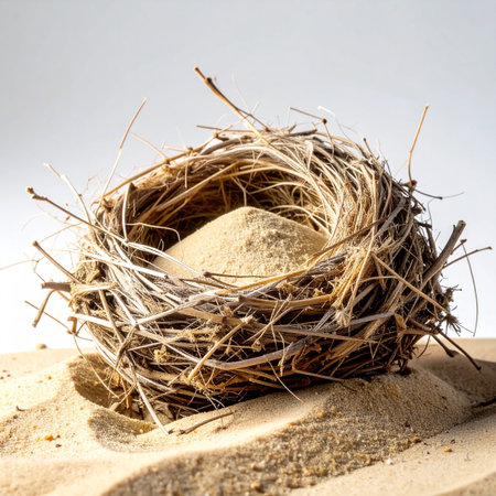 A carefully woven bird's nest, a symbol of home and new life, sits empty of eggs and instead holds a mound of sterile sand.の素材