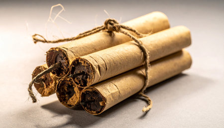 A bundle of old dynamite sticks, tied together with a single fuse, rests on a surface, representing a volatile situation or an impending deadline.の素材