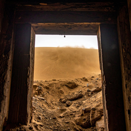 From the cool darkness of an abandoned structure, a rustic wooden frame opens to a breathtaking view of a vast desert.の素材