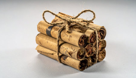 A bundle of ancient parchment scrolls, tied securely with rustic twine, rests against a clean background.の素材