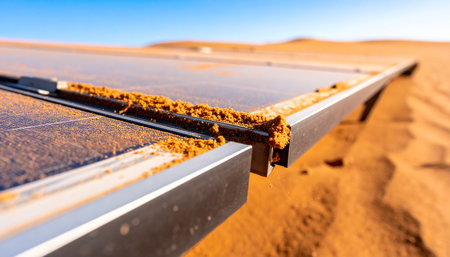 In the vast, unforgiving desert, a forgotten solar panel succumbs to the elements.の素材