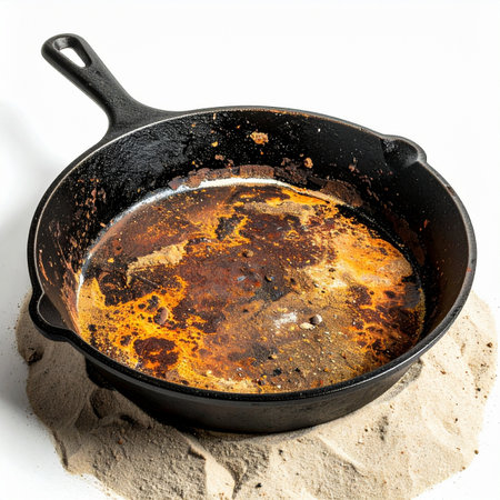 The aftermath of a delicious meal. A well-used cast iron skillet sits with the flavorful remnants, grease, and fond, waiting to be cleaned or deglazed to create a rich pan sauce.の素材