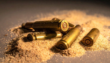 A dramatic close-up of spent brass bullet casings scattered on coarse sand. The warm, focused lighting creates a gritty, serious mood, evoking the consequences of conflict, crime, or intense training.の素材