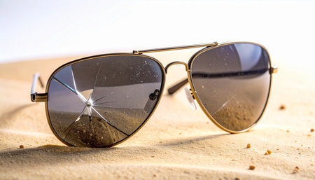 Sunglasses in the sand on the beach. Selective focus.の素材