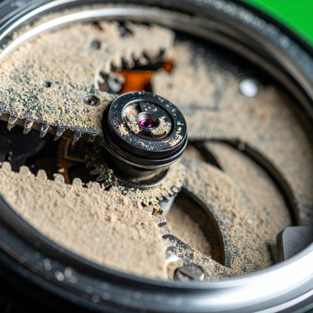 A macro view reveals the intricate destruction within an old timepiece.の素材
