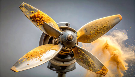 A vintage, rust-covered airplane propeller stands as a monument to a bygone era of aviation.の素材