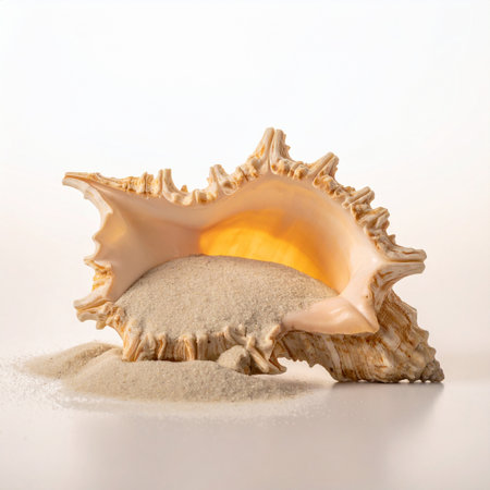 Captured in a studio setting, this exquisite murex shell rests on a bed of fine sand against a clean white background.の素材