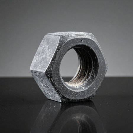 A detailed macro shot captures the rugged texture and precise form of a single industrial hex nut.の素材