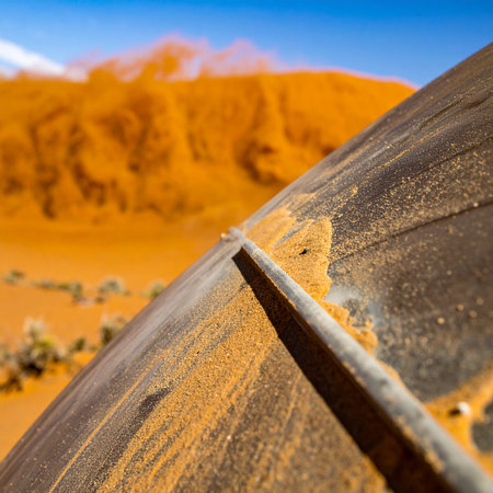 A fierce desert wind scours the landscape, relentlessly piling fine orange sand onto a weathered wooden plank.の素材