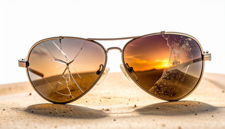 A pair of aviator sunglasses rests on a sandy surface, one lens shattered.の素材