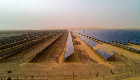 Rows of solar panels stretch to the horizon across a vast desert, harnessing the sun's power.の素材