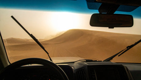 From the driver's seat, the vast expanse of desert sand dunes unfolds under a warm, golden sunset.の素材