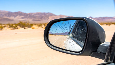 A glance in the side mirror captures the essence of a desert road trip.の素材