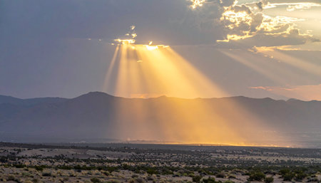 A breathtaking display of nature's power as golden sunbeams, or crepuscular rays, pierce through dramatic clouds.の素材