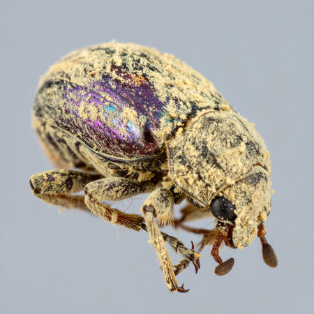 A stunning macro photograph captures the intricate details of a small weevil.の素材