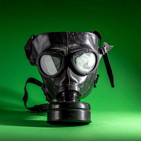 A relic from a bygone era, this vintage black gas mask stands as a stark symbol of protection and survival against unseen threats.の素材