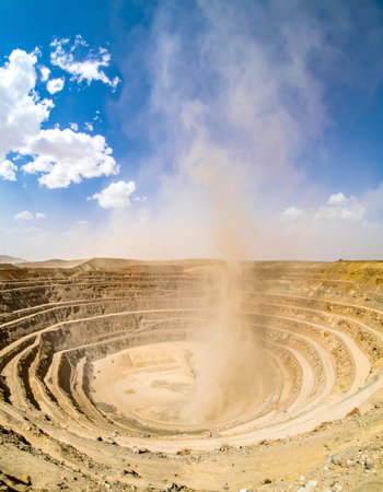 A powerful blast sends a massive plume of dust and rock into the sky at a vast open-pit mine.の素材
