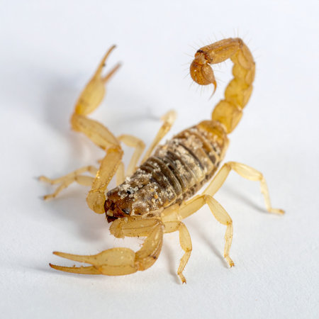A detailed macro photograph captures a venomous yellow scorpion isolated on a clean white background.の素材