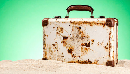 An old, rust-stained suitcase rests on the sand, a silent testament to journeys long past.の素材