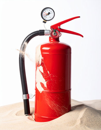 A red fire extinguisher discharges a cloud of white foam, symbolizing a rapid response to an unseen emergency.の素材