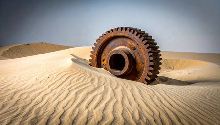A relic of a forgotten era, a large, rusted industrial gear lies half-buried in the shifting sands of a vast desert.の素材