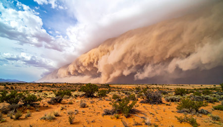 A colossal wall of dust and sand, a powerful haboob, advances across a vast and arid desert.の素材