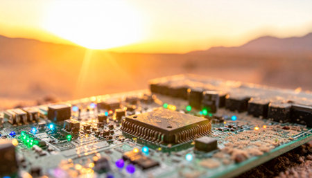 A miniature technological city, built upon a circuit board, awakens under the warm glow of a digital sunrise.の素材