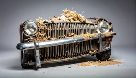 The front end of a classic automobile, once a symbol of style and freedom, now sits forgotten and covered in the dust and debris of time.の素材
