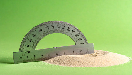 A protractor, a tool of precision and geometry, is placed in a pile of fine sand against a vibrant green background.の素材