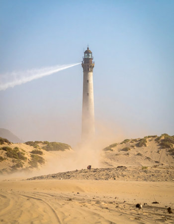 A solitary lighthouse stands resilient against a fierce desert sandstorm, its powerful beam cutting through the dusty haze.の素材