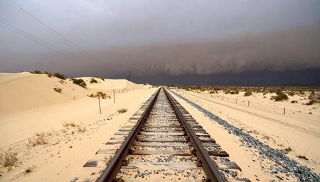 A set of railroad tracks cuts a straight path through a vast, sandy desert, leading directly toward a dark and ominous storm gathering on the horizon.の素材