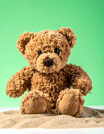 A beloved, fluffy brown teddy bear sits patiently on a mound of sand, waiting for a seaside adventure to begin.の素材