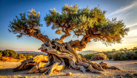 Bathed in the warm glow of a golden sunset, this ancient olive tree stands as a testament to time.の素材