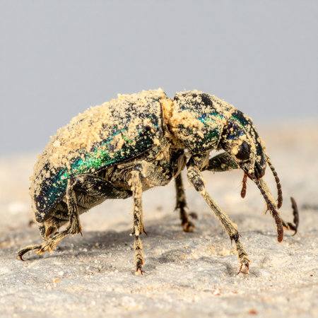 A detailed macro photograph captures the resilience of a tiny iridescent weevil.の素材
