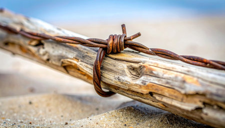 This detailed shot captures the harsh texture of aged, rusty barbed wire against the smooth, worn surface of driftwood.の素材