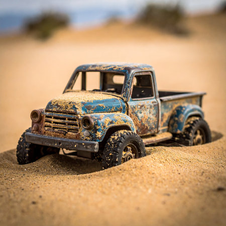 A forgotten relic of childhood, this old, rusty toy truck lies half-buried in the desert sand.の素材
