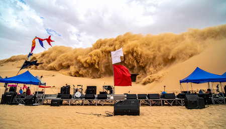 An empty stage with chairs and sound equipment stands ready in the vast desert, bracing against the raw power of an approaching sandstorm.の素材