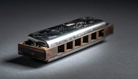 An old, well-used harmonica rests in a single spotlight, its worn metal and wood telling tales of countless blues songs played in smoky bars.の素材