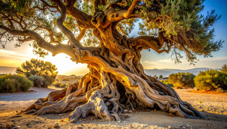 Bathed in the warm glow of a desert sunset, this ancient, gnarled tree stands as a testament to resilience and time.の素材